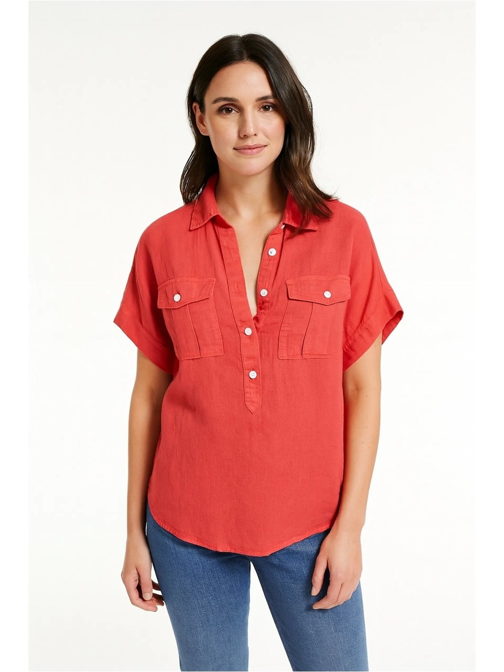 J.Crew Baird McNutt Linen Popover Top Size 6 Coral Short Sleeve